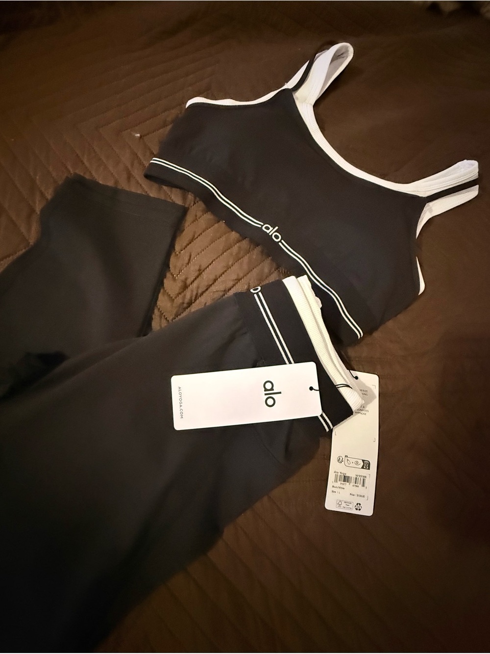 ALO Yoga Black Leggings and Black Sports Bra with White Trim